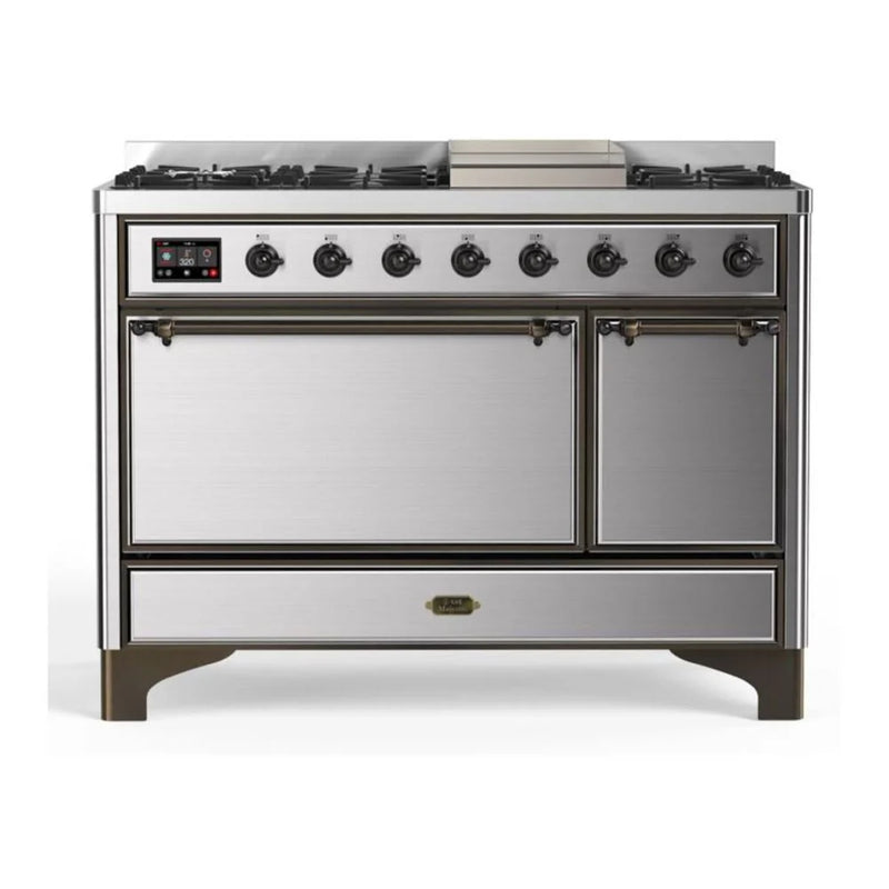 ILVE Majestic II 48" Dual Fuel Freestanding Range in Stainless Steel with Burnished Trim, UM12FDQNS3SSBLP
