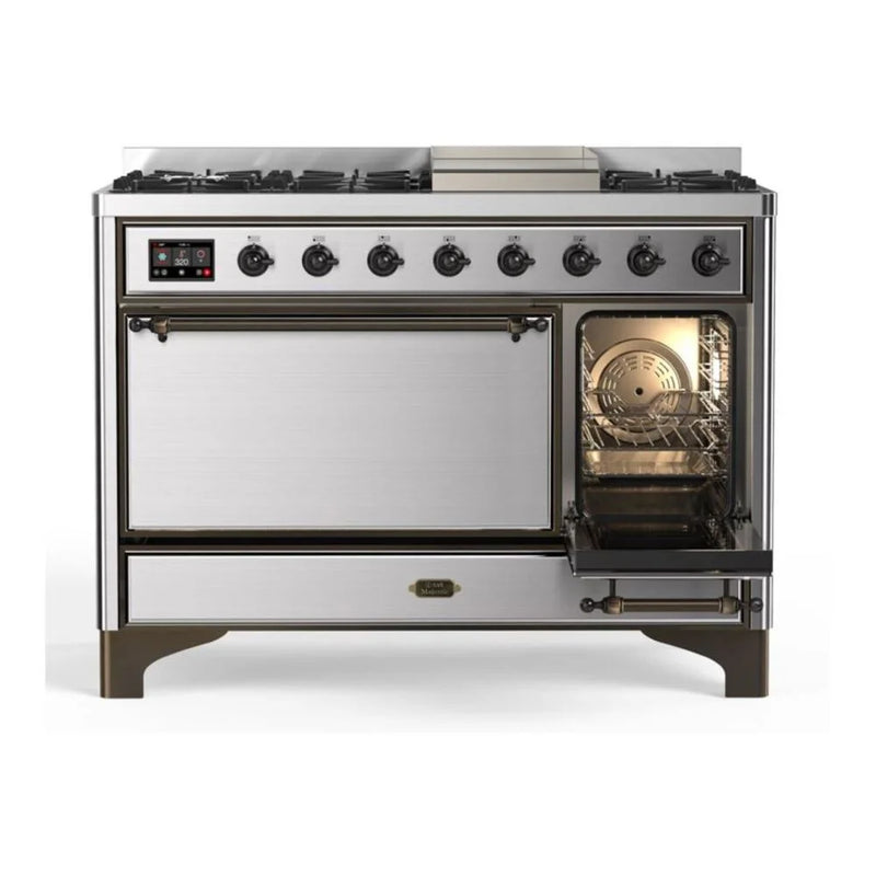 ILVE Majestic II 48" Dual Fuel Freestanding Range in Stainless Steel with Burnished Trim, UM12FDQNS3SSBLP