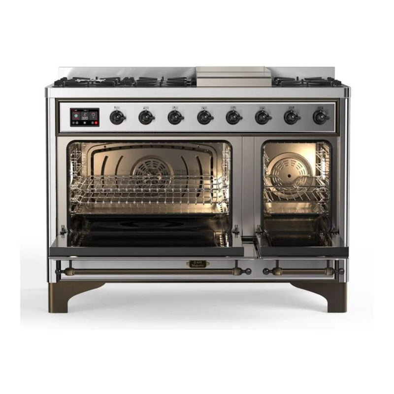 ILVE Majestic II 48" Dual Fuel Freestanding Range in Stainless Steel with Burnished Trim, UM12FDQNS3SSB