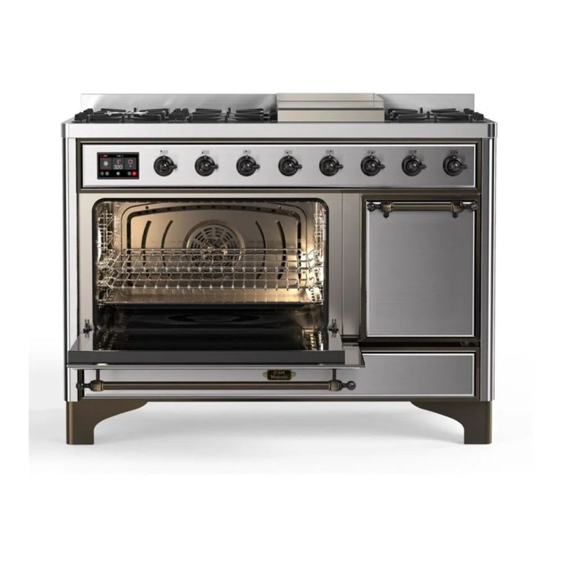 ILVE Majestic II 48" Dual Fuel Freestanding Range in Stainless Steel with Burnished Trim, UM12FDQNS3SSB