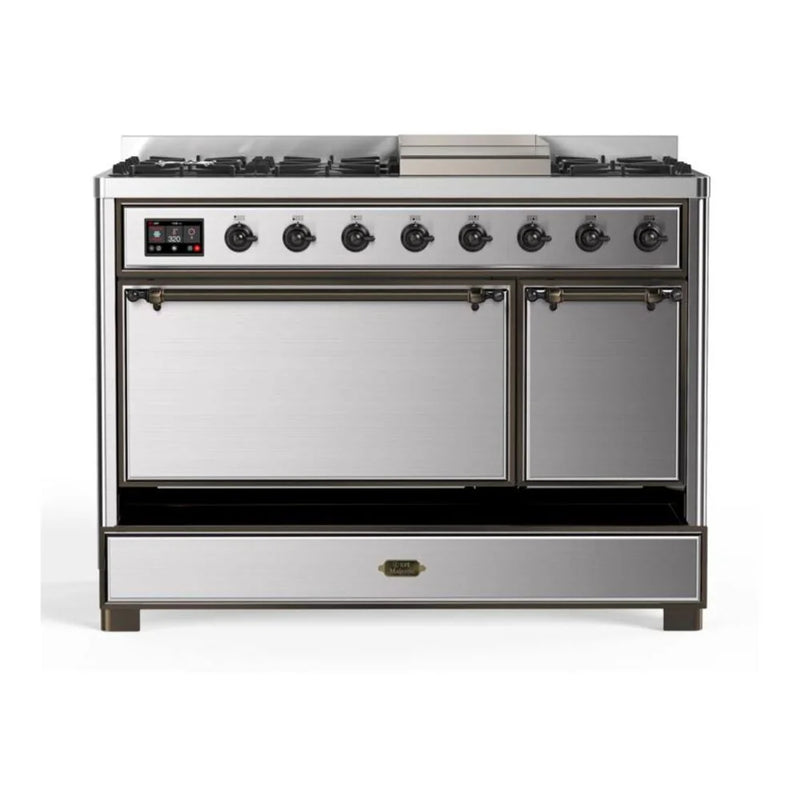 ILVE Majestic II 48" Dual Fuel Freestanding Range in Stainless Steel with Burnished Trim, UM12FDQNS3SSB