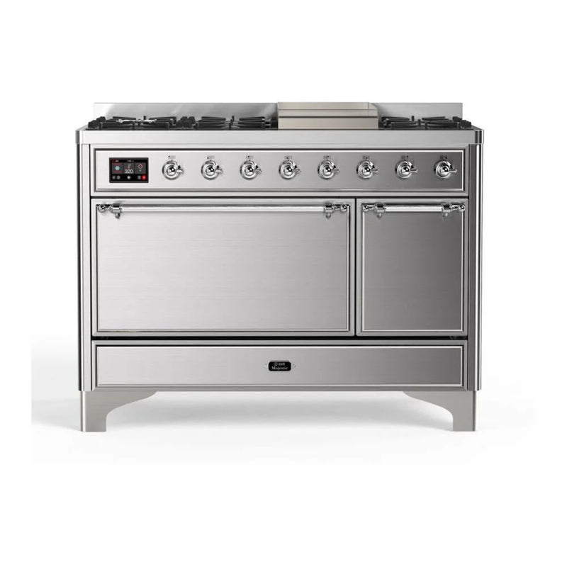 ILVE Majestic II 48" Dual Fuel Freestanding Range in Stainless Steel with Chrome Trim, UM12FDQNS3SSCLP