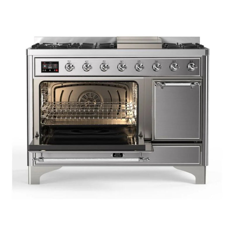 ILVE Majestic II 48" Dual Fuel Freestanding Range in Stainless Steel with Chrome Trim, UM12FDQNS3SSCLP