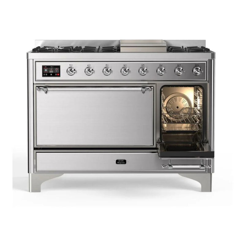 ILVE Majestic II 48" Dual Fuel Freestanding Range in Stainless Steel with Chrome Trim, UM12FDQNS3SSCLP
