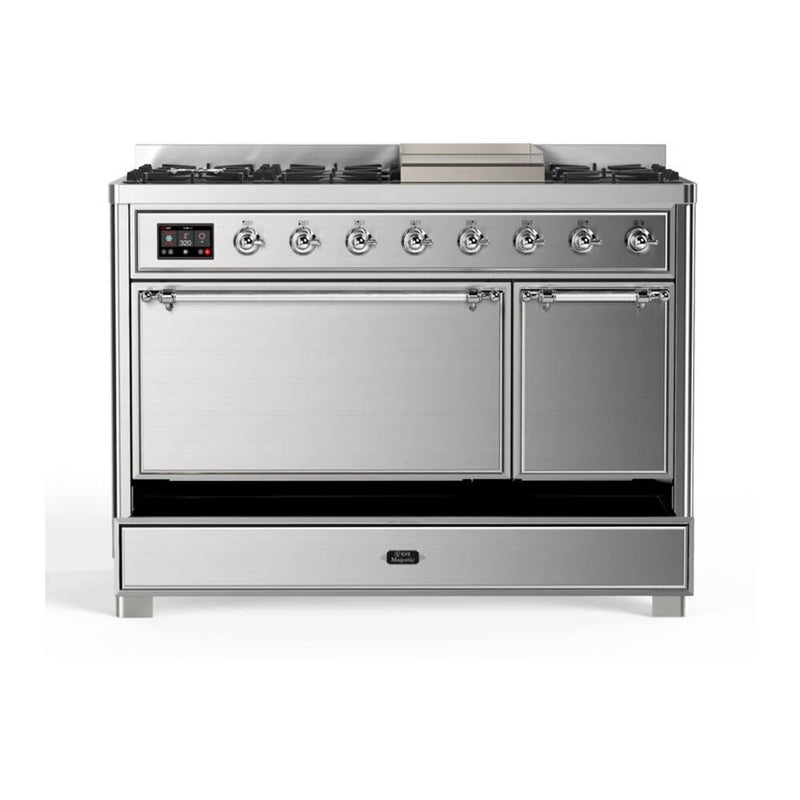 ILVE Majestic II 48" Dual Fuel Freestanding Range in Stainless Steel with Chrome Trim, UM12FDQNS3SSCLP