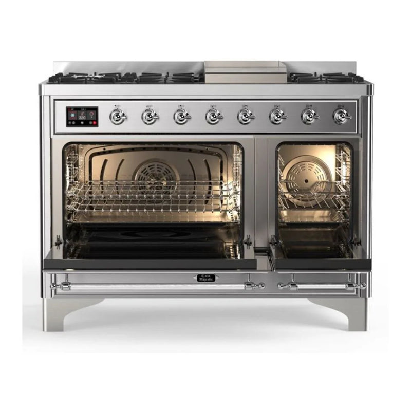 ILVE Majestic II 48" Dual Fuel Freestanding Range in Stainless Steel with Chrome Trim, UM12FDQNS3SSC