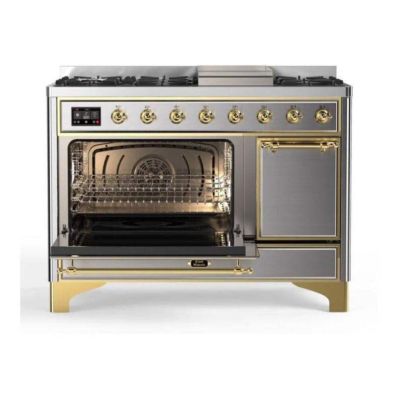 ILVE Majestic II 48" Dual Fuel Freestanding Range in Stainless Steel with Brass Trim, UM12FDQNS3SSGLP