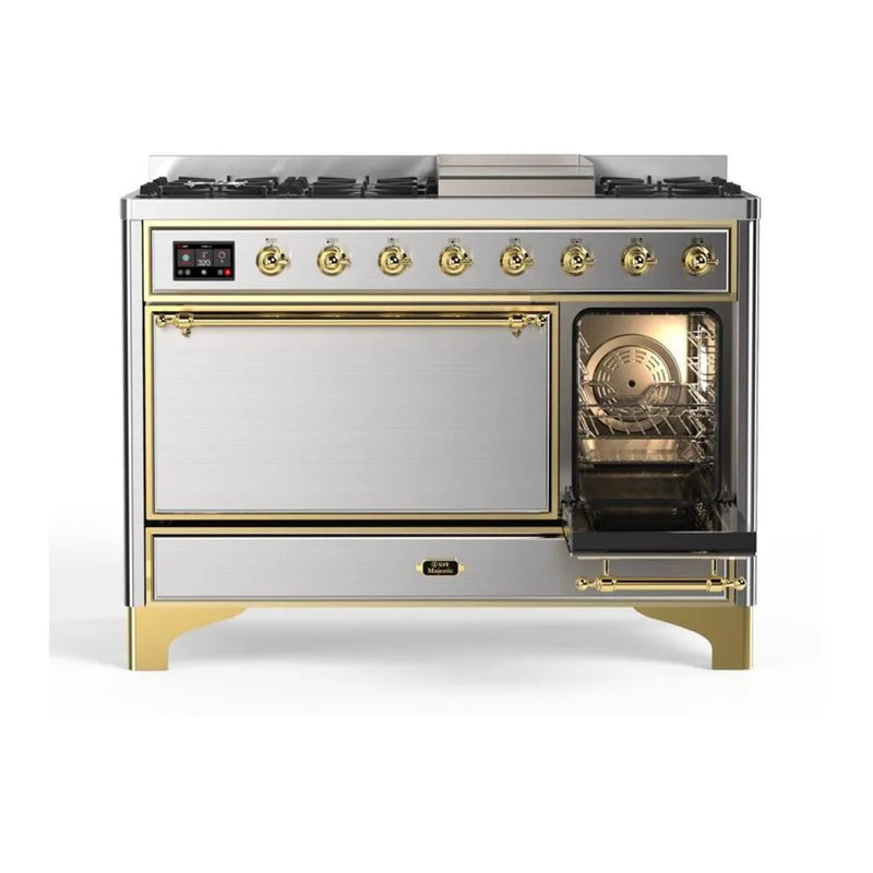 ILVE Majestic II 48" Dual Fuel Freestanding Range in Stainless Steel with Brass Trim, UM12FDQNS3SSGLP