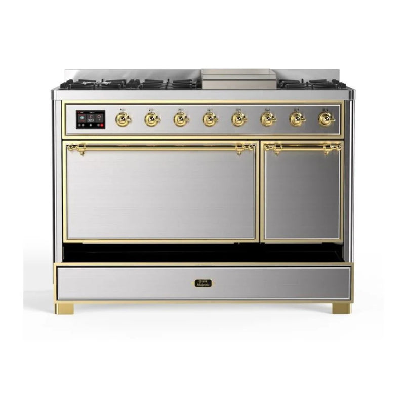 ILVE Majestic II 48" Dual Fuel Freestanding Range in Stainless Steel with Brass Trim, UM12FDQNS3SSGLP