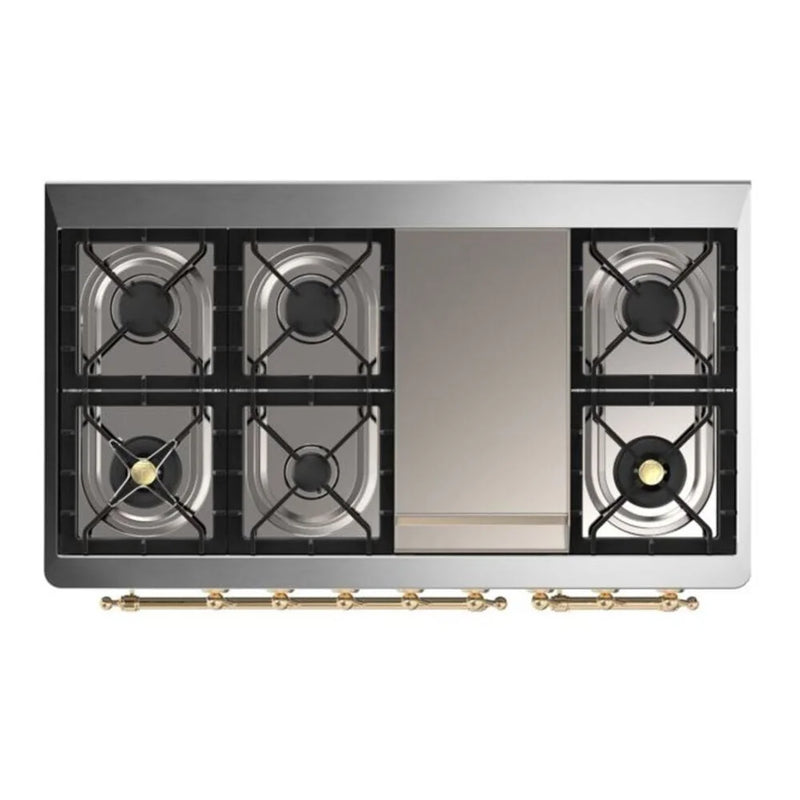 ILVE Majestic II 48" Dual Fuel Freestanding Range in Stainless Steel with Brass Trim, UM12FDQNS3SSGLP