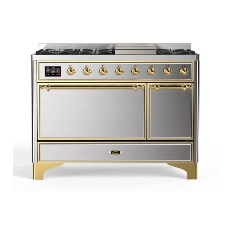 ILVE Majestic II 48" Dual Fuel Freestanding Range in Stainless Steel with Brass Trim, UM12FDQNS3SSG