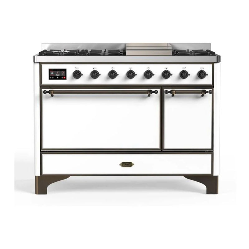 ILVE Majestic II 48" Dual Fuel Freestanding Range in White with Burnished Trim, UM12FDQNS3WHBLP
