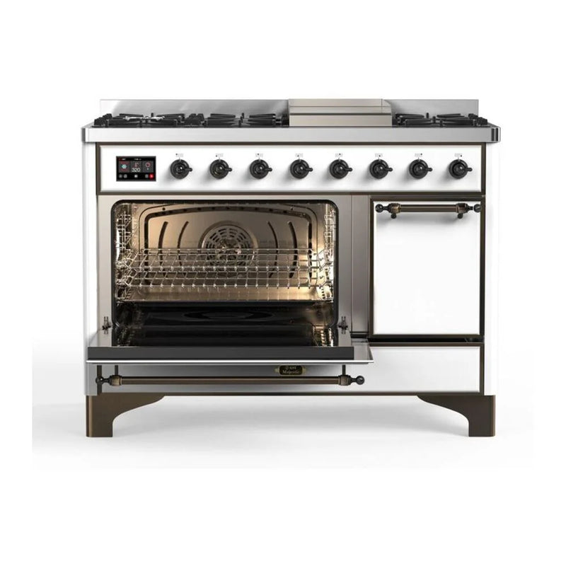 ILVE Majestic II 48" Dual Fuel Freestanding Range in White with Burnished Trim, UM12FDQNS3WHBLP