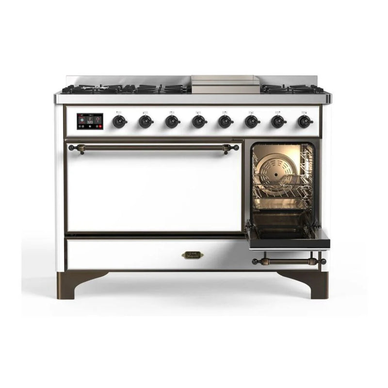 ILVE Majestic II 48" Dual Fuel Freestanding Range in White with Burnished Trim, UM12FDQNS3WHBLP