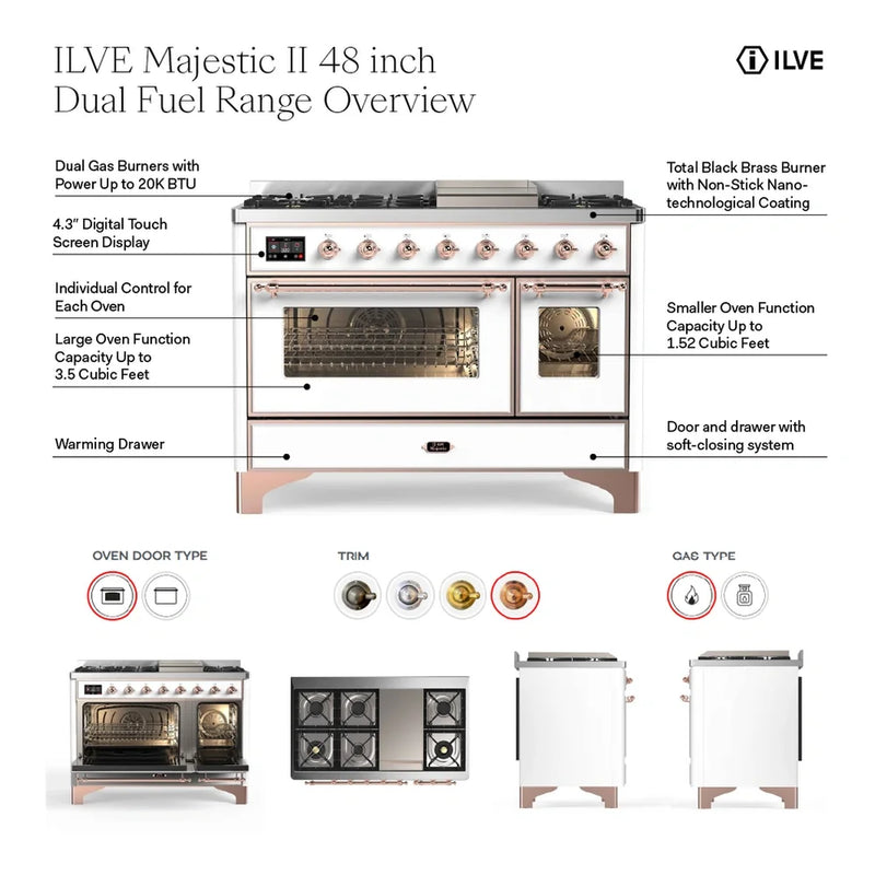 ILVE Majestic II 48" Dual Fuel Freestanding Range in White with Burnished Trim, UM12FDQNS3WHB