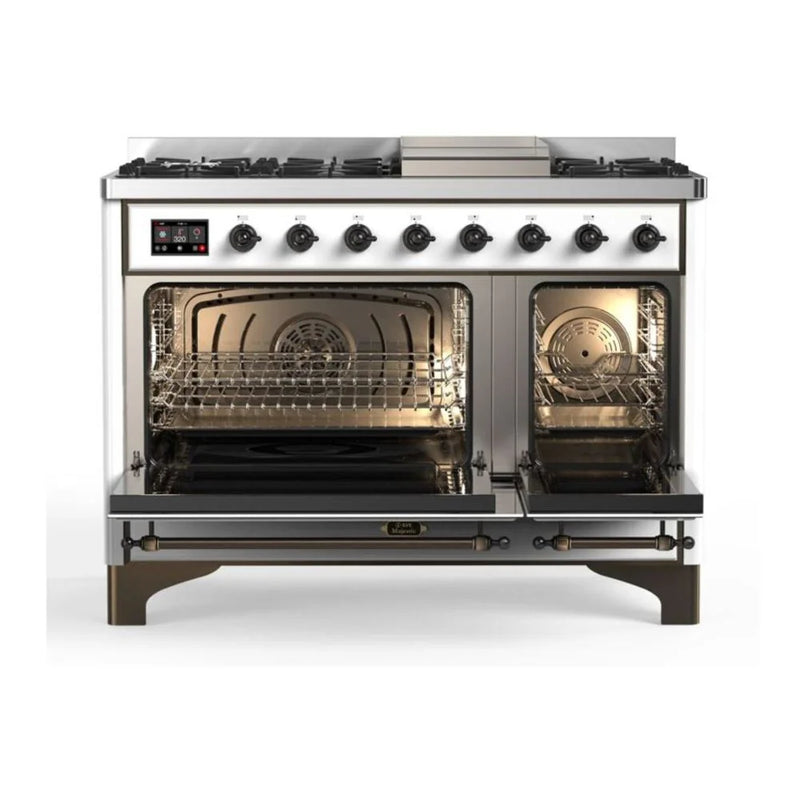ILVE Majestic II 48" Dual Fuel Freestanding Range in White with Burnished Trim, UM12FDQNS3WHB