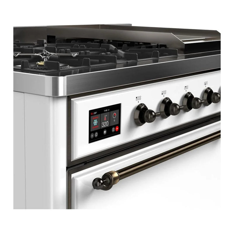 ILVE Majestic II 48" Dual Fuel Freestanding Range in White with Burnished Trim, UM12FDQNS3WHB