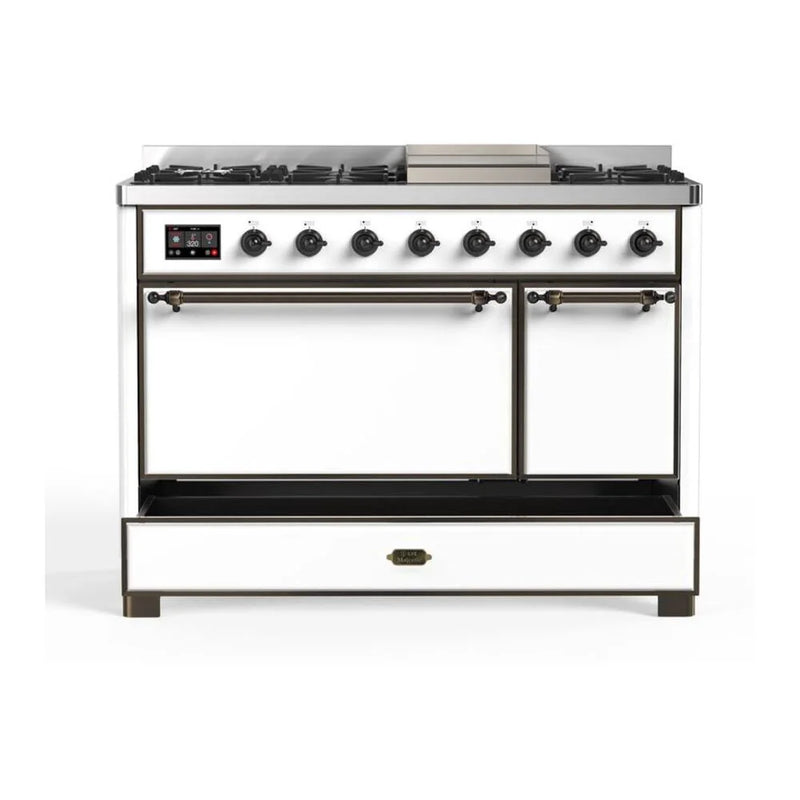 ILVE Majestic II 48" Dual Fuel Freestanding Range in White with Burnished Trim, UM12FDQNS3WHB