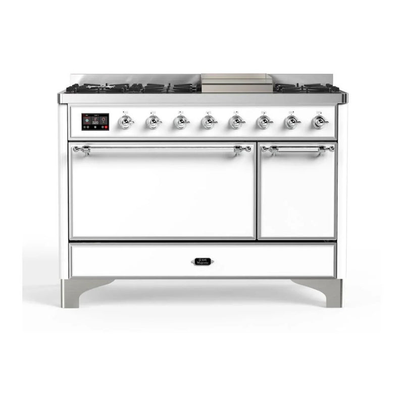 ILVE Majestic II 48" Dual Fuel Freestanding Range in White with Chrome Trim, UM12FDQNS3WHCLP
