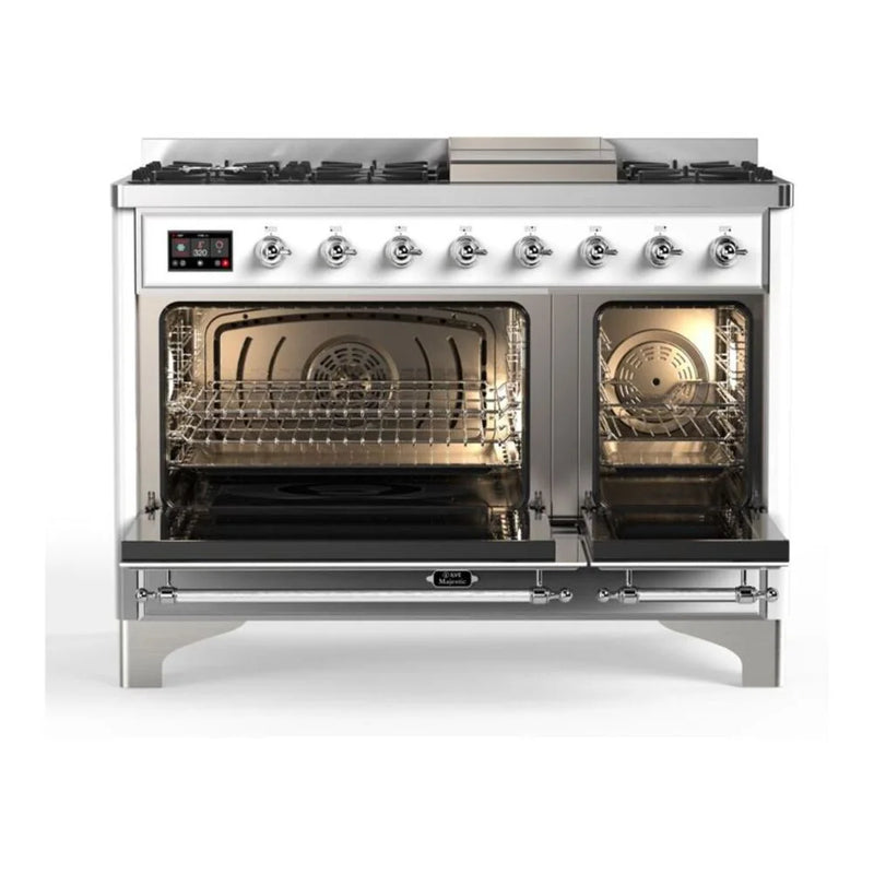 ILVE Majestic II 48" Dual Fuel Freestanding Range in White with Chrome Trim, UM12FDQNS3WHCLP