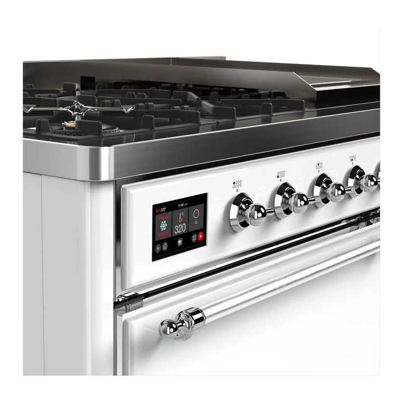 ILVE Majestic II 48" Dual Fuel Freestanding Range in White with Chrome Trim, UM12FDQNS3WHCLP