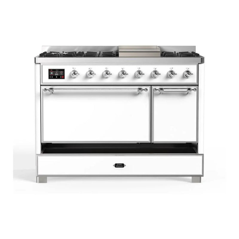 ILVE Majestic II 48" Dual Fuel Freestanding Range in White with Chrome Trim, UM12FDQNS3WHCLP