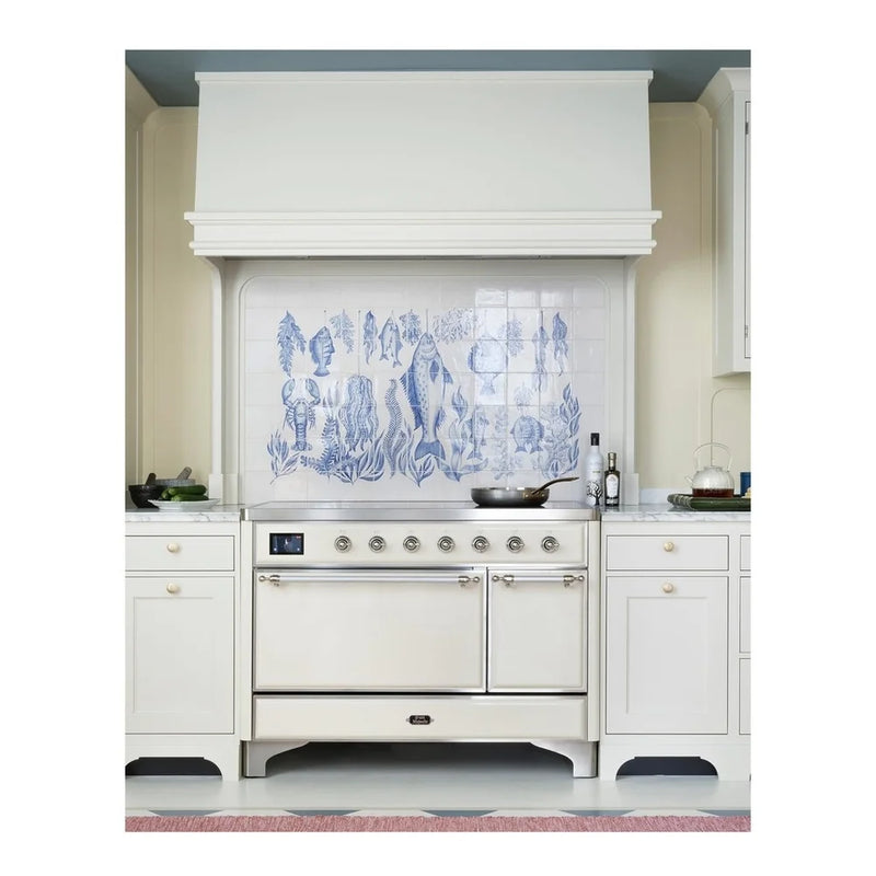 ILVE Majestic II 48" Dual Fuel Freestanding Range in White with Chrome Trim, UM12FDQNS3WHCLP