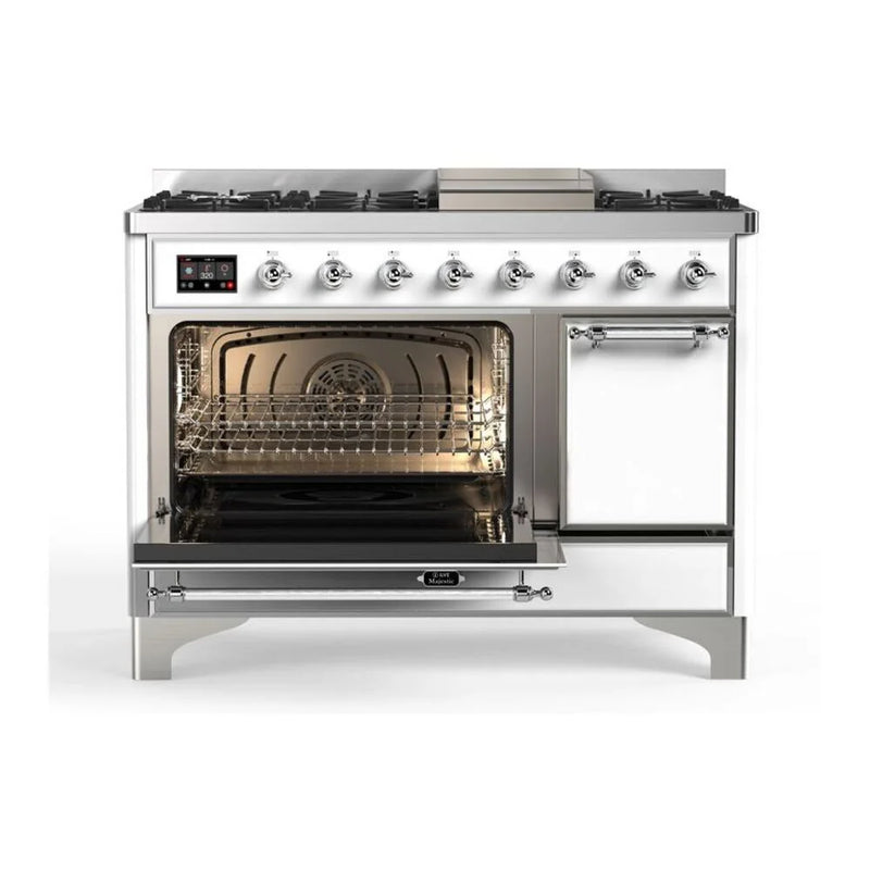 ILVE Majestic II 48" Dual Fuel Freestanding Range in White with Chrome Trim, UM12FDQNS3WHC
