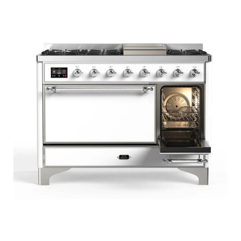 ILVE Majestic II 48" Dual Fuel Freestanding Range in White with Chrome Trim, UM12FDQNS3WHC