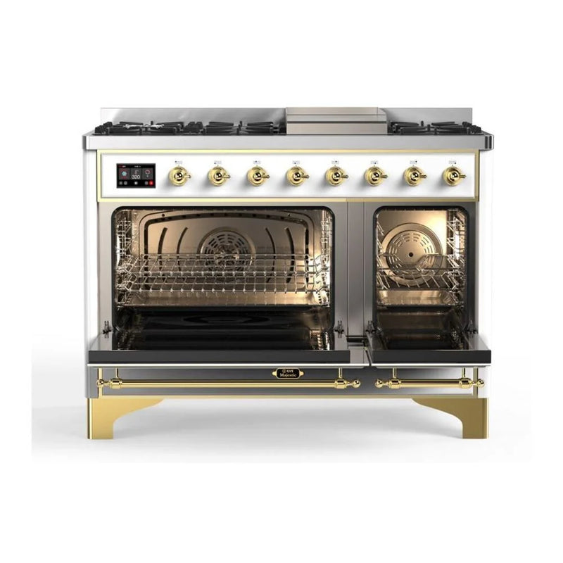 ILVE Majestic II 48" Dual Fuel Freestanding Range in White with Brass Trim, UM12FDQNS3WHGLP