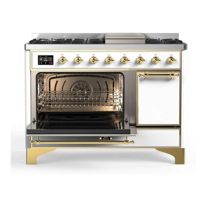 ILVE Majestic II 48" Dual Fuel Freestanding Range in White with Brass Trim, UM12FDQNS3WHG