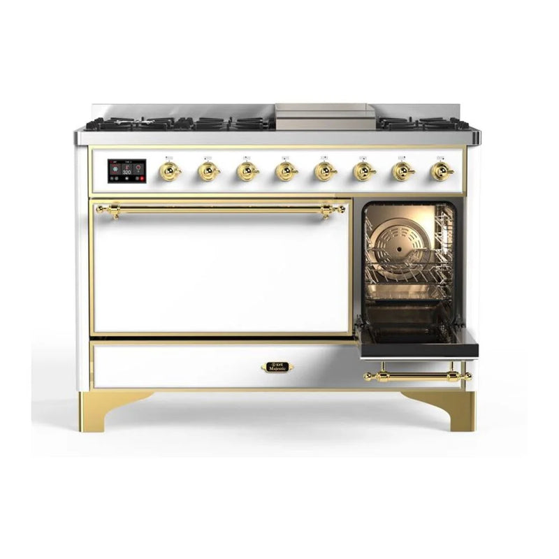 ILVE Majestic II 48" Dual Fuel Freestanding Range in White with Brass Trim, UM12FDQNS3WHG