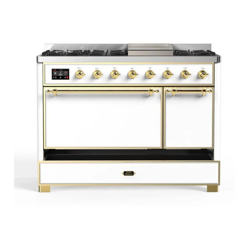 ILVE Majestic II 48" Dual Fuel Freestanding Range in White with Brass Trim, UM12FDQNS3WHG