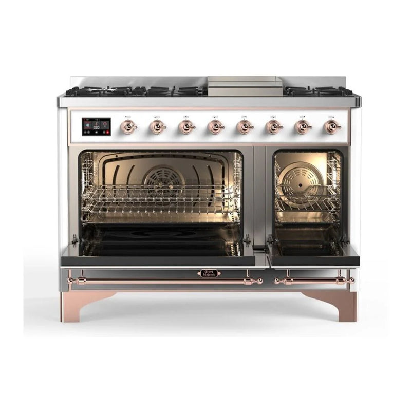 ILVE Majestic II 48" Dual Fuel Freestanding Range in White with Copper Trim, UM12FDQNS3WHPLP