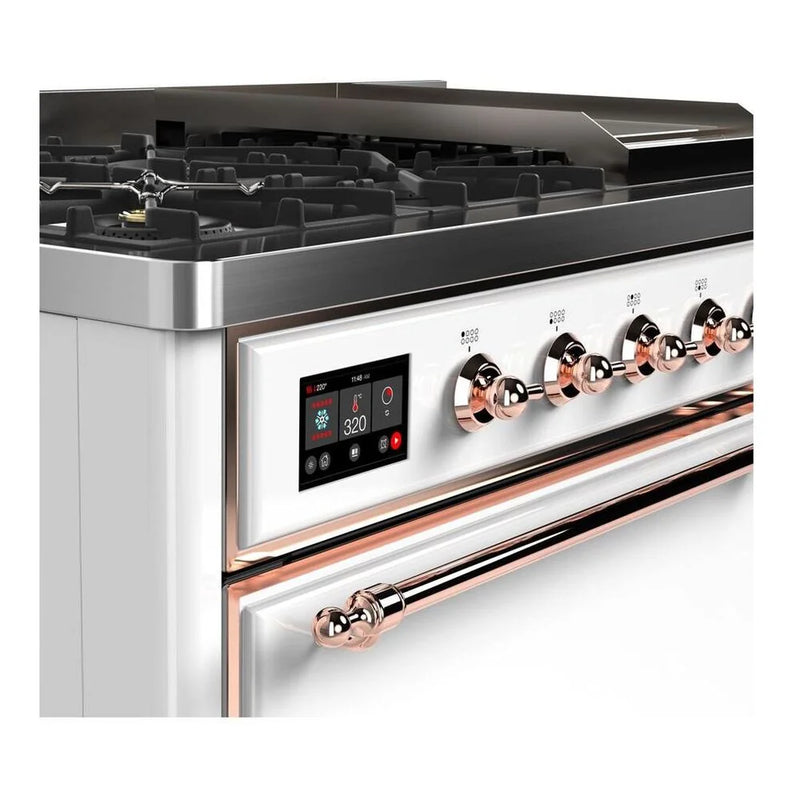 ILVE Majestic II 48" Dual Fuel Freestanding Range in White with Copper Trim, UM12FDQNS3WHPLP
