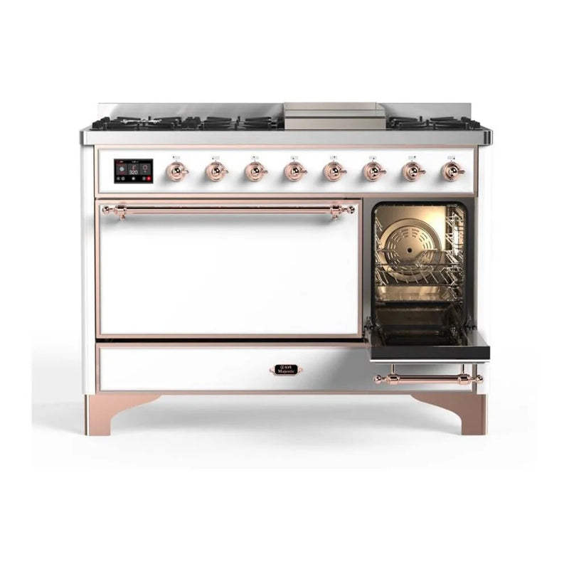 ILVE Majestic II 48" Dual Fuel Freestanding Range in White with Copper Trim, UM12FDQNS3WHPLP