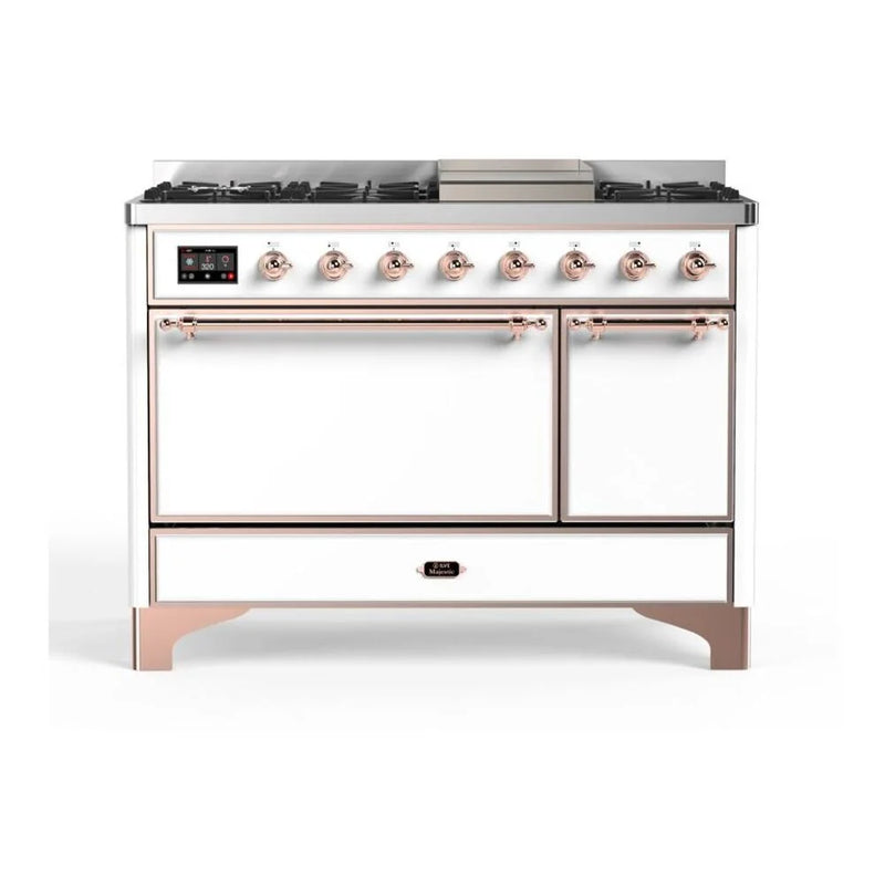 ILVE Majestic II 48" Dual Fuel Freestanding Range in White with Copper Trim, UM12FDQNS3WHP