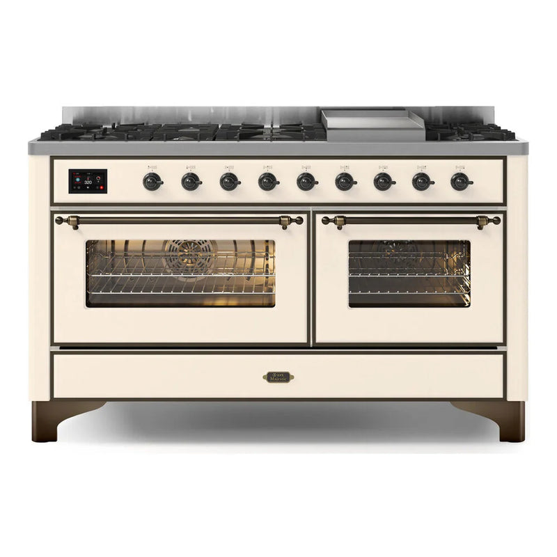 ILVE Majestic II 60" Dual Fuel Freestanding Range in Antique White with Burnished Trim, UM15FDNS3AWBLP