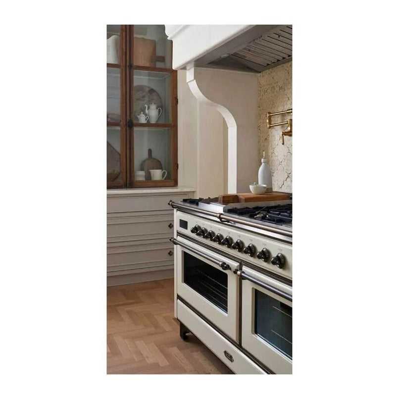 ILVE Majestic II 60" Dual Fuel Freestanding Range in Antique White with Burnished Trim, UM15FDNS3AWBLP