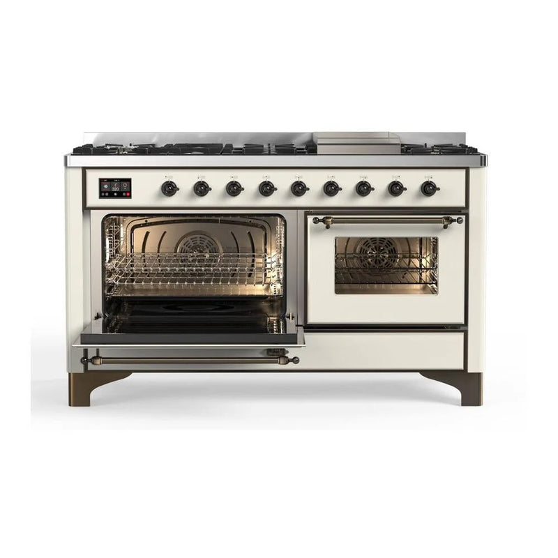 ILVE Majestic II 60" Dual Fuel Freestanding Range in Antique White with Burnished Trim, UM15FDNS3AWBLP