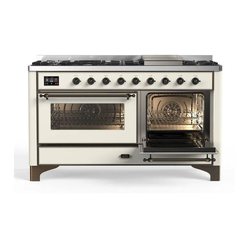 ILVE Majestic II 60" Dual Fuel Freestanding Range in Antique White with Burnished Trim, UM15FDNS3AWBLP
