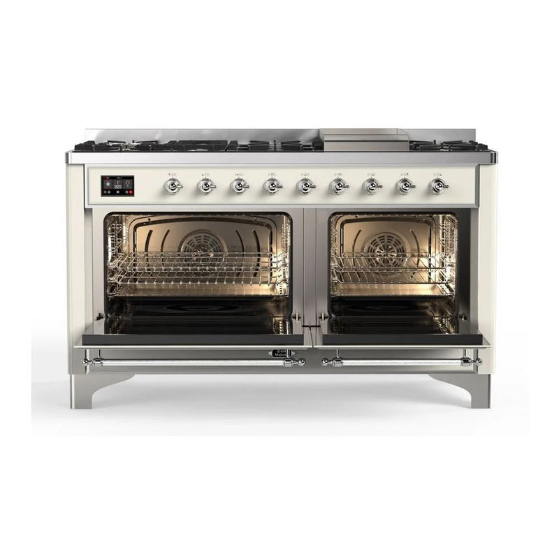 ILVE Majestic II 60" Dual Fuel Freestanding Range in Antique White with Chrome Trim, UM15FDNS3AWCLP