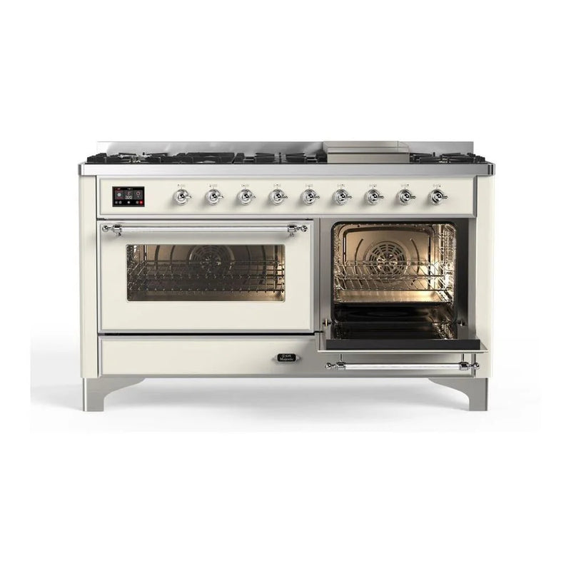 ILVE Majestic II 60" Dual Fuel Freestanding Range in Antique White with Chrome Trim, UM15FDNS3AWCLP