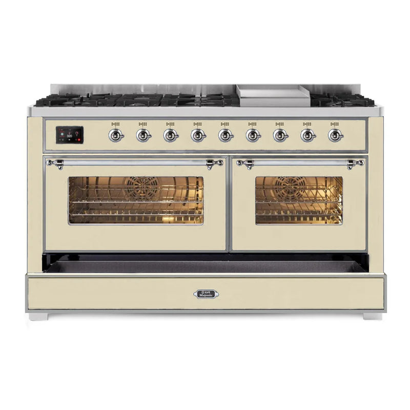 ILVE Majestic II 60" Dual Fuel Freestanding Range in Antique White with Chrome Trim, UM15FDNS3AWCLP