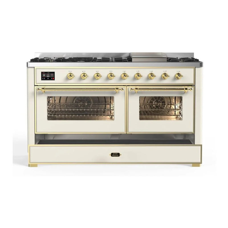 ILVE Majestic II 60" Dual Fuel Freestanding Range in Antique White with Brass Trim, UM15FDNS3AWGLP