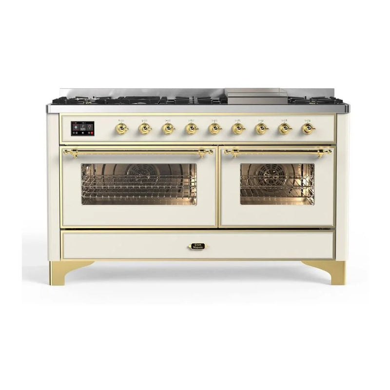 ILVE Majestic II 60" Dual Fuel Freestanding Range in Antique White with Brass Trim, UM15FDNS3AWG