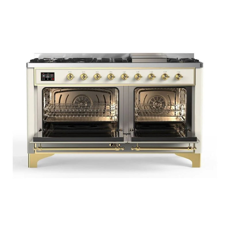 ILVE Majestic II 60" Dual Fuel Freestanding Range in Antique White with Brass Trim, UM15FDNS3AWG