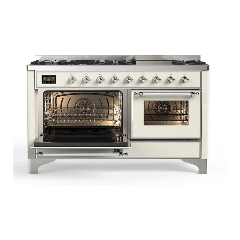 ILVE Majestic II 60" Dual Fuel Freestanding Range in Antique White with Brass Trim, UM15FDNS3AWG