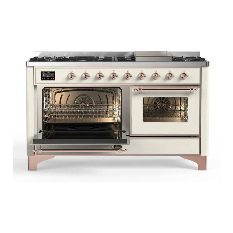 ILVE Majestic II 60" Dual Fuel Freestanding Range in Antique White with Copper Trim, UM15FDNS3AWP