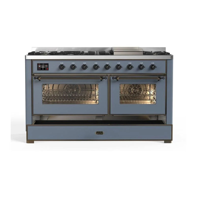 ILVE Majestic II 60" Dual Fuel Freestanding Range in Blue Grey with Burnished Trim, UM15FDNS3BGBLP